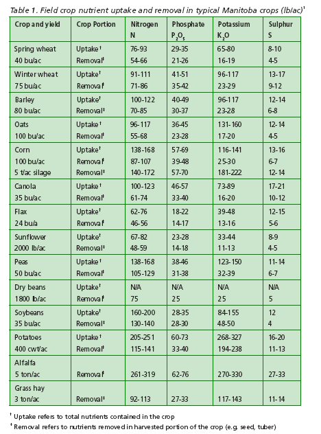 Field crop nutrient uptake and removal in typical Manitoba crops